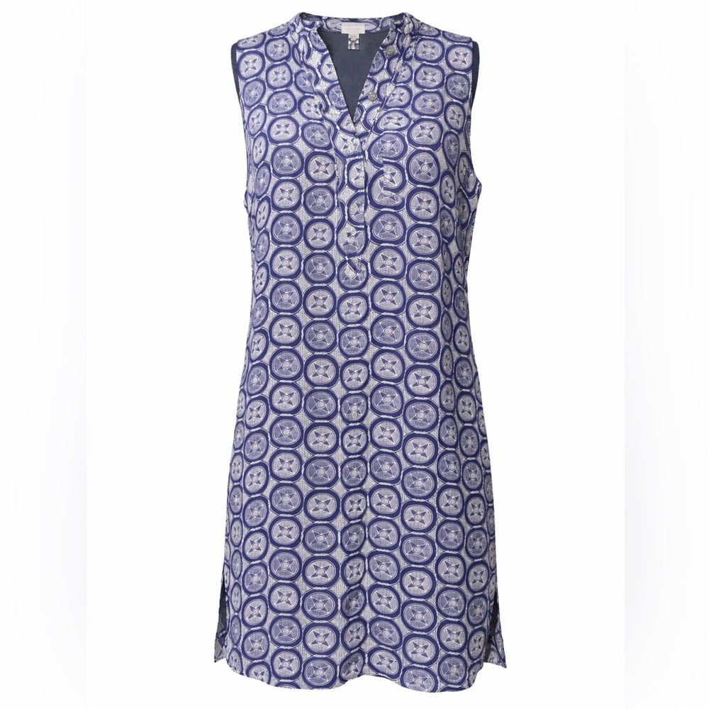 Nieves Lavi 100% Silk Tunic Dress Blue White Geometric‎ Boho Shift Sleeveless- M